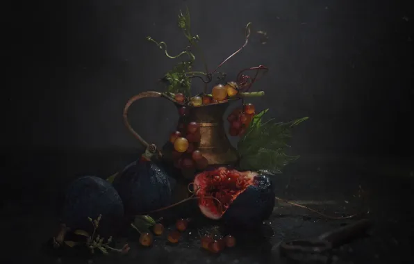 The dark background, grapes, still life, bokeh, figs