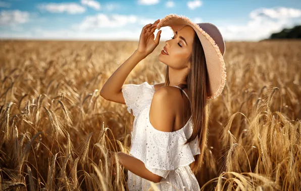 Field, summer, girl, nature, model, hat