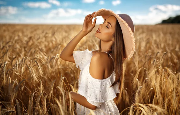 Picture field, summer, girl, nature, model, hat