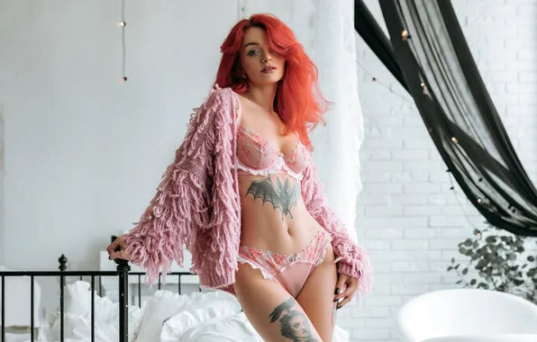 Girl, panties, linen, bed, tattoo, red, Bathrobe, bedroom
