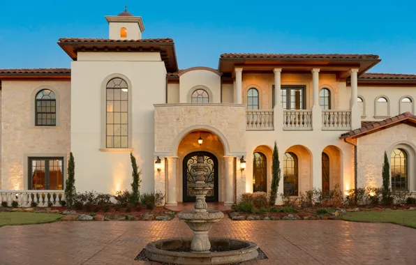 Villa, yard, fountain, Spanish Mediterranean Luxury Home