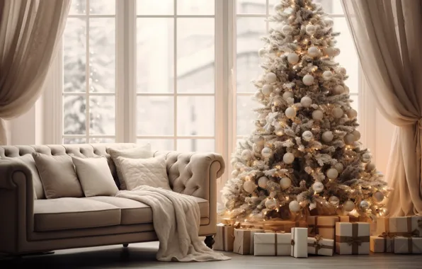 Winter, snow, decoration, house, room, sofa, balls, tree