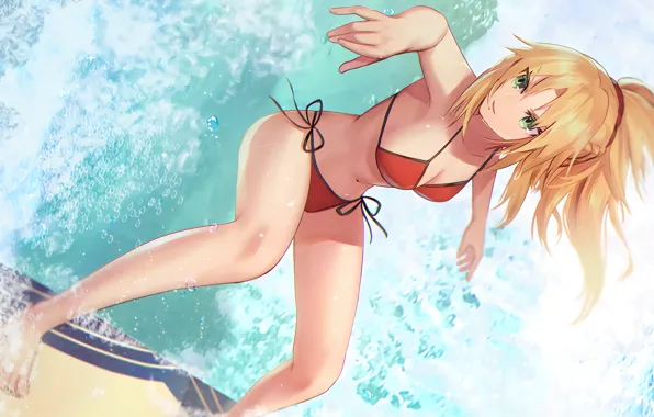 Girl, sexy, cleavage, green eyes, long hair, sea, boobs, anime