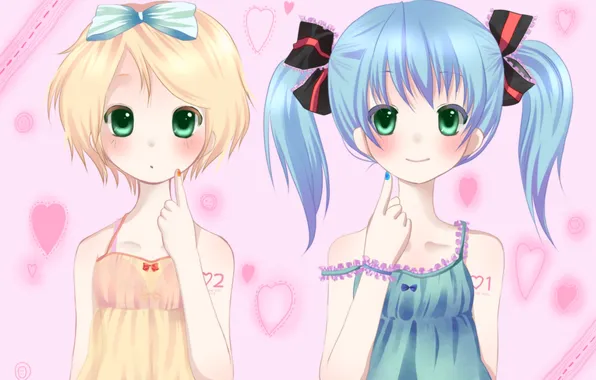 Picture girls, art, bows, vocaloid, hatsune miku, kagamine rin, tattoo, Vocaloid