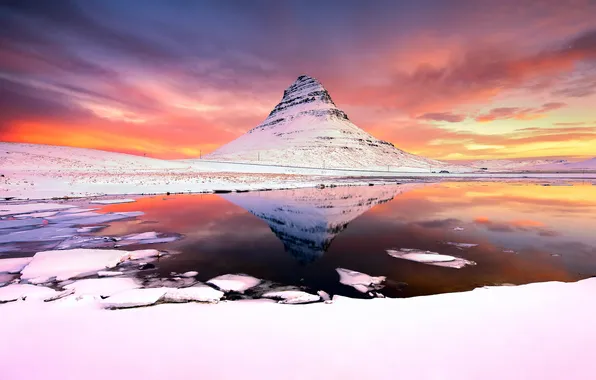 Picture winter, snow, lake, mountain, morning, Iceland, Kirkjufell