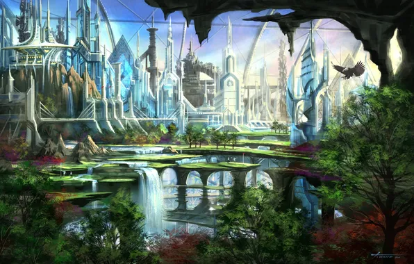 Trees, the city, eagle, the world of the future