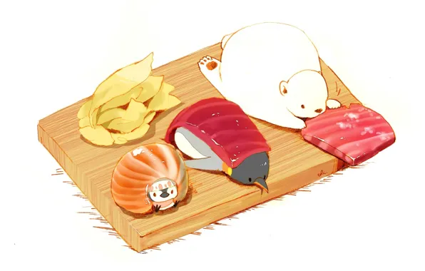 White background, penguin, penguin, sushi, ginger, cutting Board, red fish, white bear