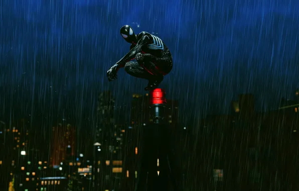 Night, the city, rain, Comic, Superhero, Marvel, Peter Parker, Spider-Man