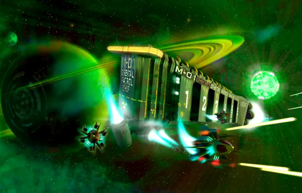 Space, star, ship, planet, fighter, battle, art, green