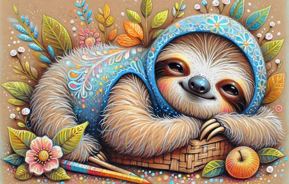Apple, styling, hood, outfit, lies, sloth, cap, AI art