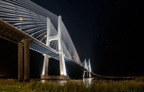 Picture stars, night, lights, Portugal, Lisbon, bridge Vasco da Gama