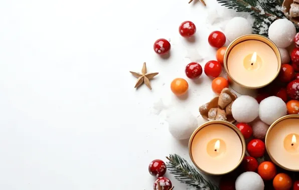 Balls, branches, candles, Christmas, red, white background, New year, white