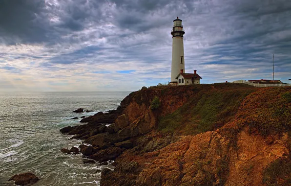 Sea, the sky, clouds, stones, rocks, coast, lighthouse, horizon