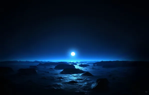 Sea, night, the moon, Blue night
