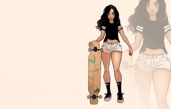 Girl, shorts, long hair, legs, anime, beautiful, pretty, skate