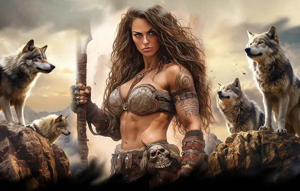 Girl, wolves, warrior, AI art