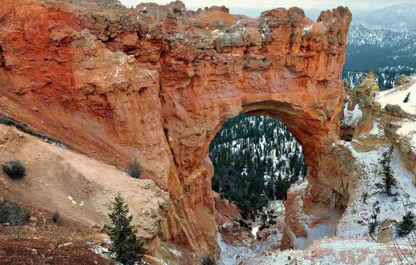 Snow, trees, landscape, mountains, rocks, arch, Utah, USA