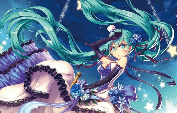 The sky, girl, stars, clouds, flowers, night, roses, hat