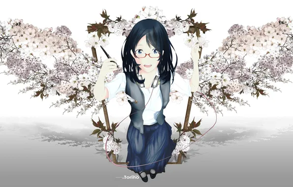 Girl, flowers, wings, anime, headphones, Sakura, art, glasses
