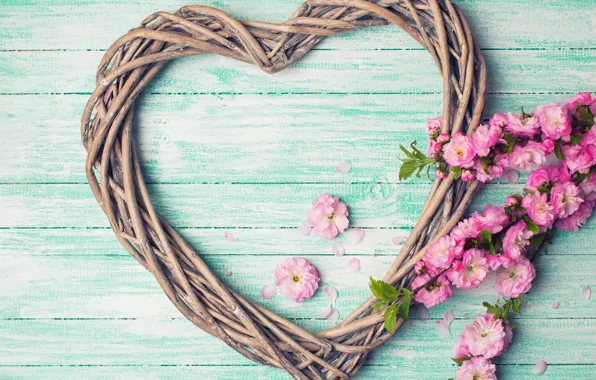 Flowers, branches, heart, love, pink, buds, heart, wood