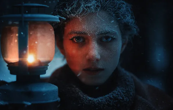 Picture frost, look, girl, face, lantern