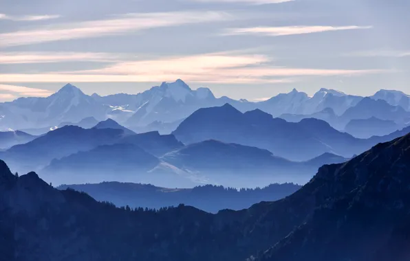 The sky, mountains, fog