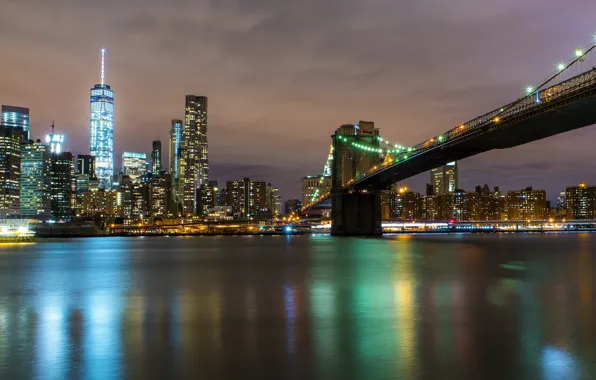 Landscape, bridge, river, Skyscrapers, Night city, Night lights