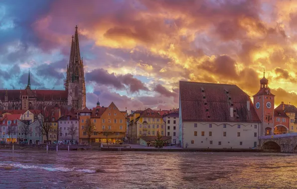The sky, sunset, bridge, river, building, home, Germany, Bayern