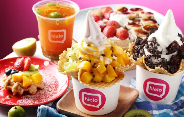 Picture chocolate, kiwi, strawberry, ice cream, Cup, dessert, waffles, sweet