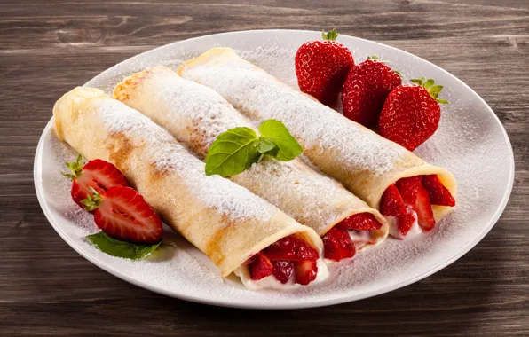 Picture berries, Breakfast, strawberry, mint, Strawberry, dessert, powdered sugar, pancake