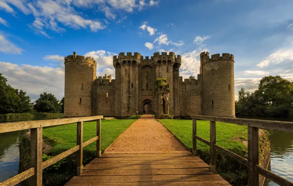 Clouds, bridge, blue, castle, glade, England, pond, Bodiam