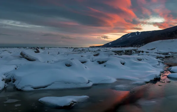 Ice, winter, the sky, clouds, light, snow, sunset, mountains
