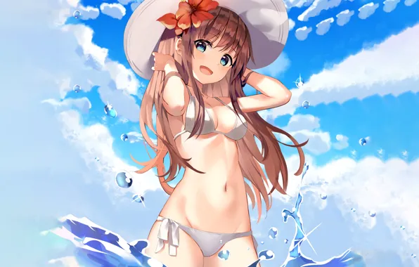 Girl, sexy, cleavage, long hair, sea, brown hair, boobs, anime