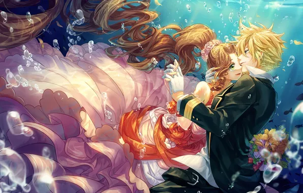 Girl, flowers, bubbles, bouquet, anime, art, guy, under water