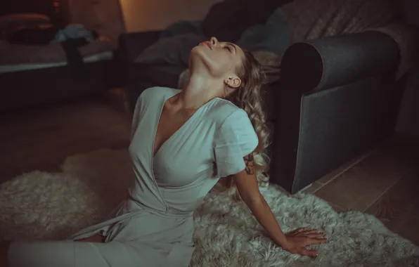 Chest, girl, on the floor, Bathrobe, Juliana Naidenova