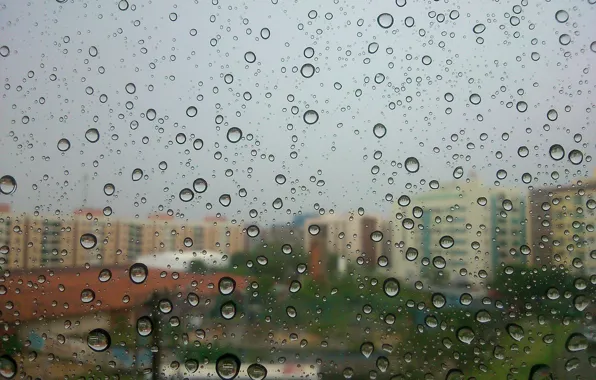 Picture bokeh, drops, buildings, rainy