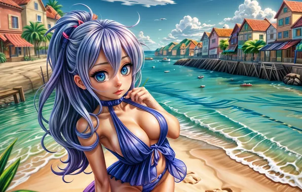 Beach, girl, art, bikini, beautiful, fashion, cartoon