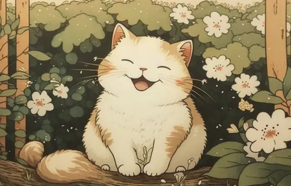 Cat, cat, leaves, joy, flowers, nature, pose, smile