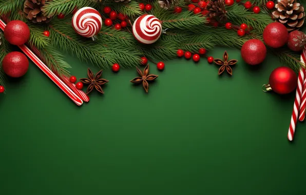 Balls, branches, Christmas, red, New year, needles, bumps, green background