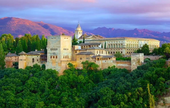 Forest, trees, mountains, castle, wall, tower, Spain, Alhambra