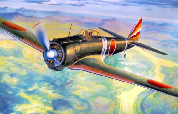 Picture war, art, airplane, painting, aviation, ww2, Nakajima Ki-43 Hayabusa &ampquot;Oscar&ampquot;