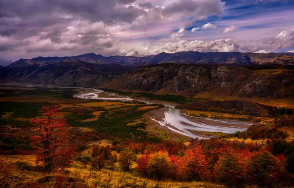 Autumn, forest, the sky, bright colors, clouds, mountains, river, valley
