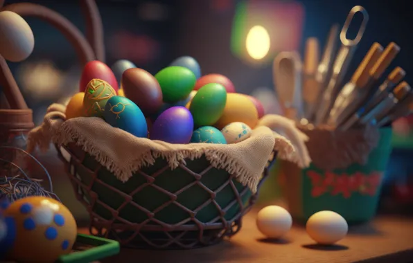 Picture eggs, Easter, basket, colorful, eggs, neural network