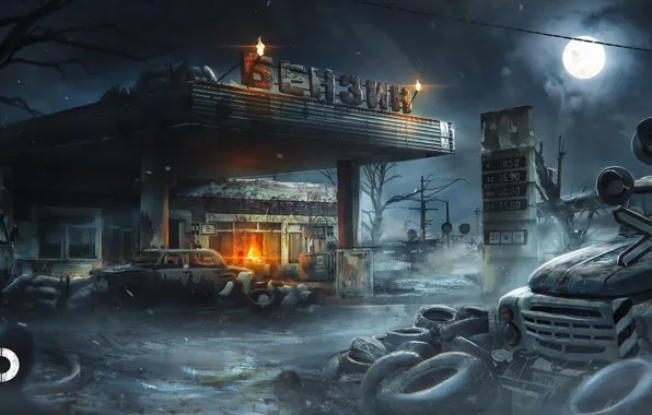 Night, the moon, dressing, art, ZIL, Metro Exodus, Pavel bondarenko