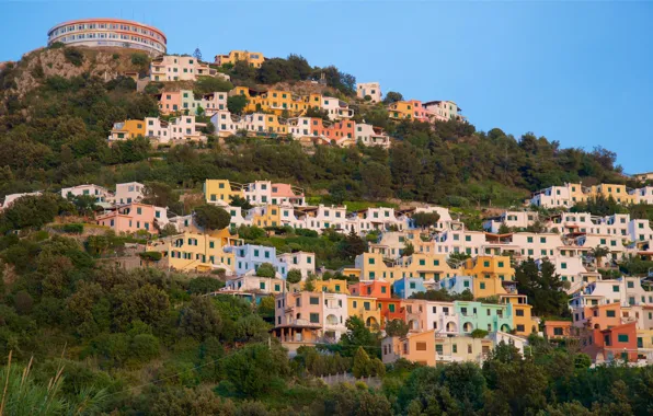 Colors, rainbow, house, sky, trees, Italy, village, Calabria