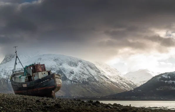 Snow, mountains, ship, pond, the ship