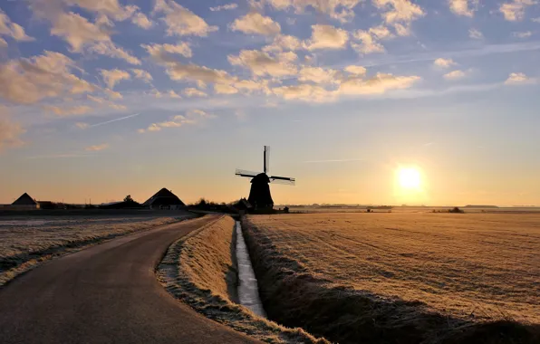 Picture winter, road, the sky, the sun, clouds, field, home, mill