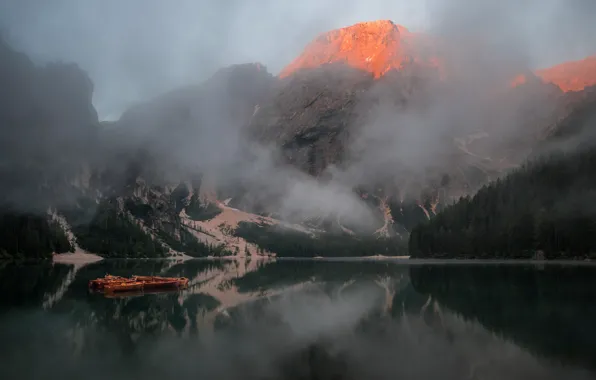 Forest, mountains, fog, reflection, rocks, shore, boat, tops