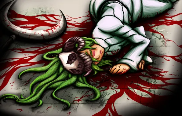 Picture girl, weapons, blood, skull, art, green hair, on the floor, bleach