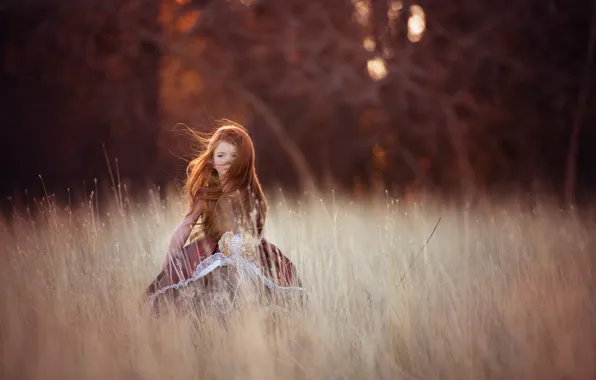 Field, the wind, girl, redhead